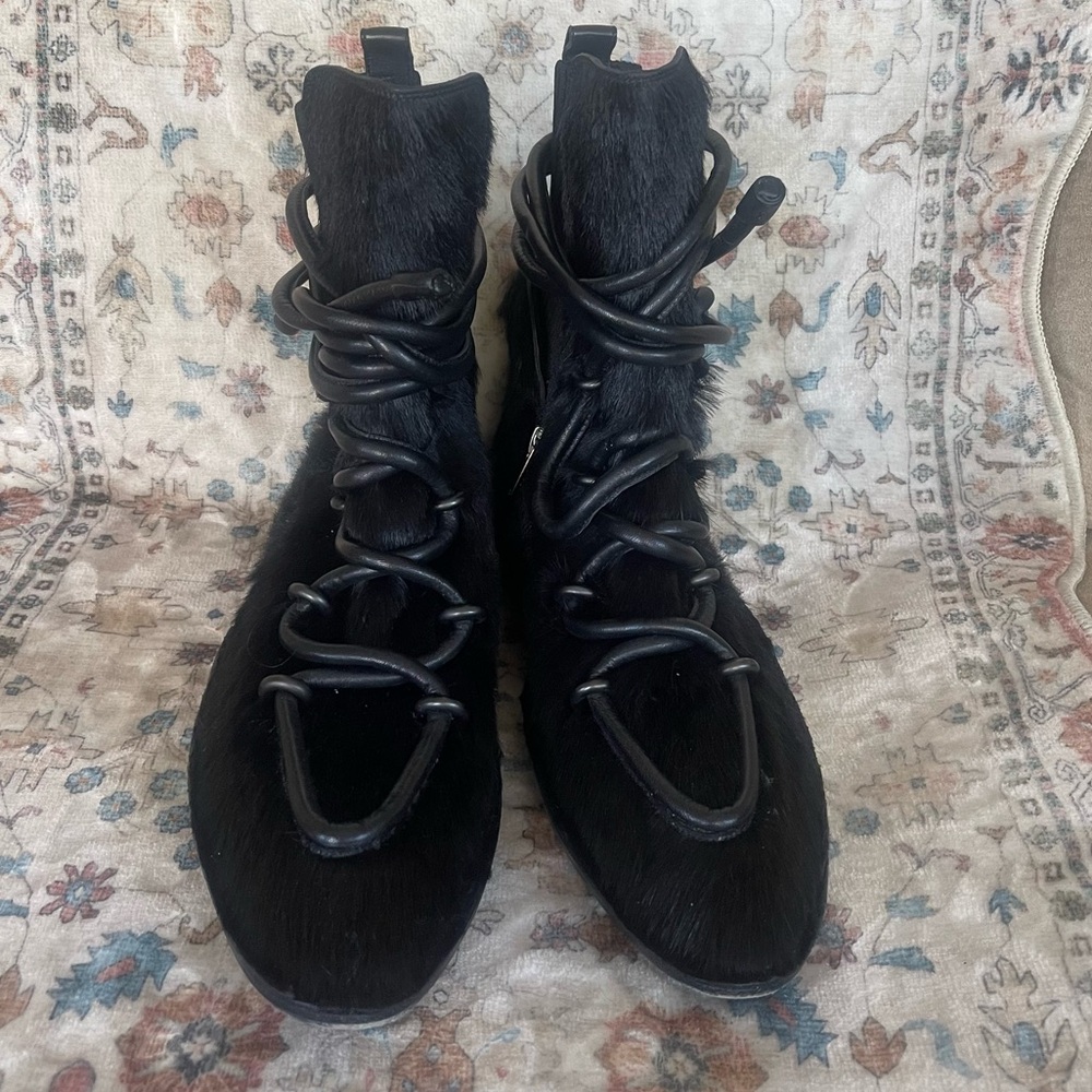 Balenciaga Black Lace Up Pony Hair Boots